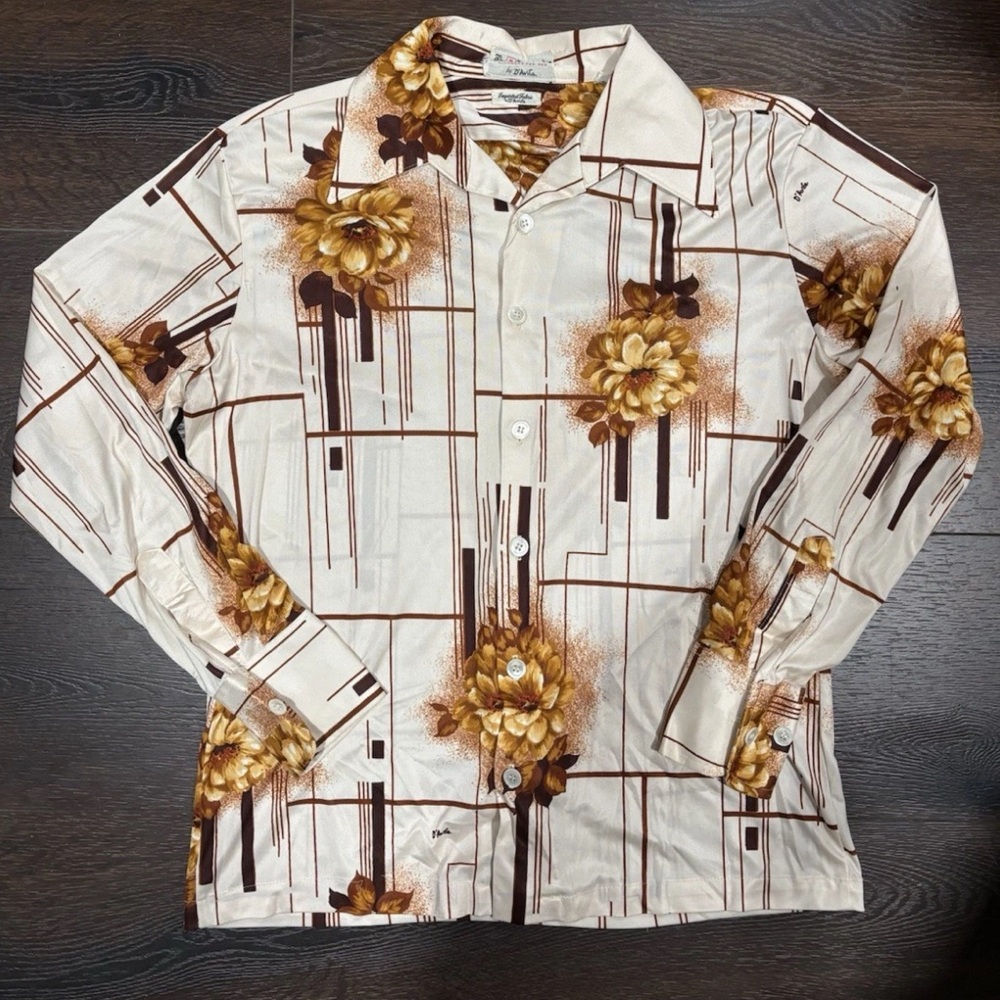 Vintage 70's D'Avila Tan Floral Long Sleeve Disco Shirt Men’s M Brown Button Up